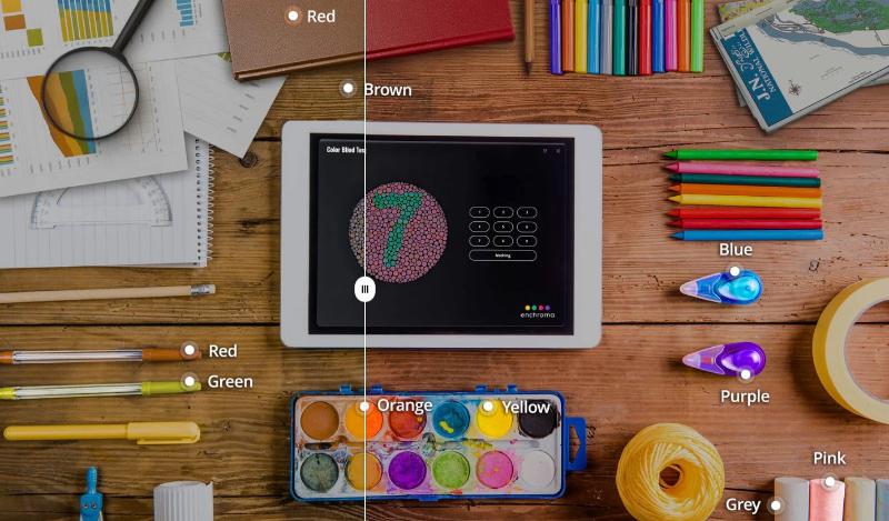 Pencils, wathercolours, pens, and tablet wich explane how the Colourblind People See
