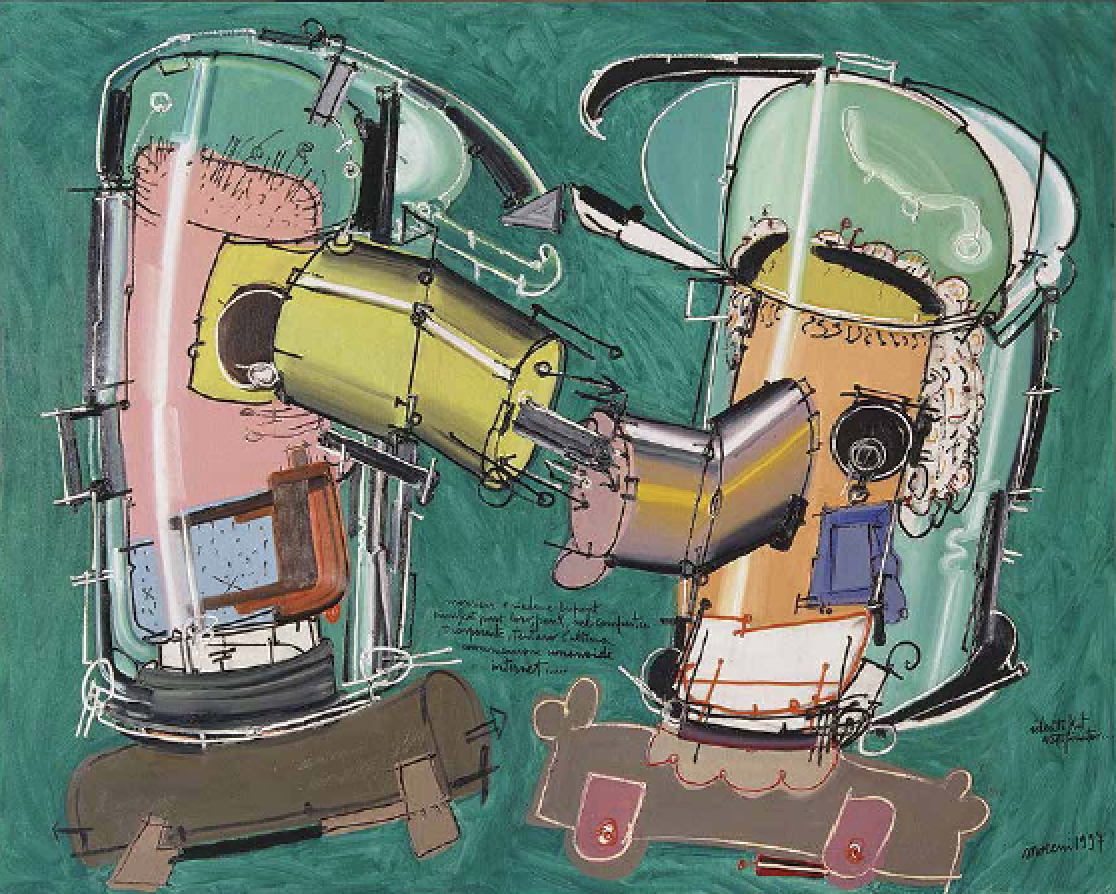 riproduzione dell'opera Mattia Moreni, Monsieur et Madame Dupont pianificati pure loro, punk, nel computer trasparente, tentano l’ultima comunicazione umanoide internet …,