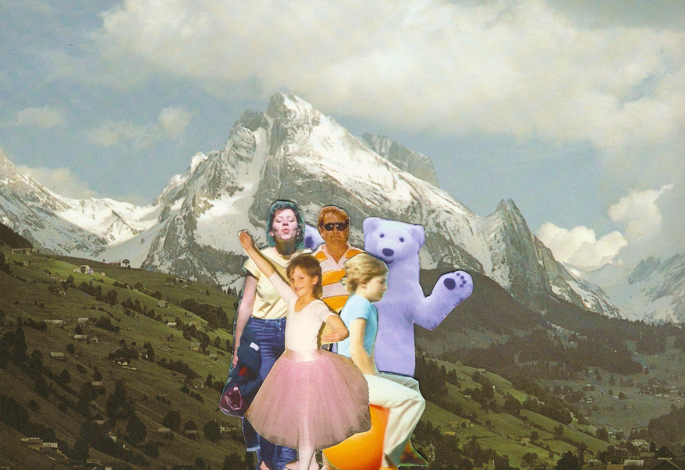 immagine dello spettacolo con fotografia di paesaggio svizzero con collage di figure al centro